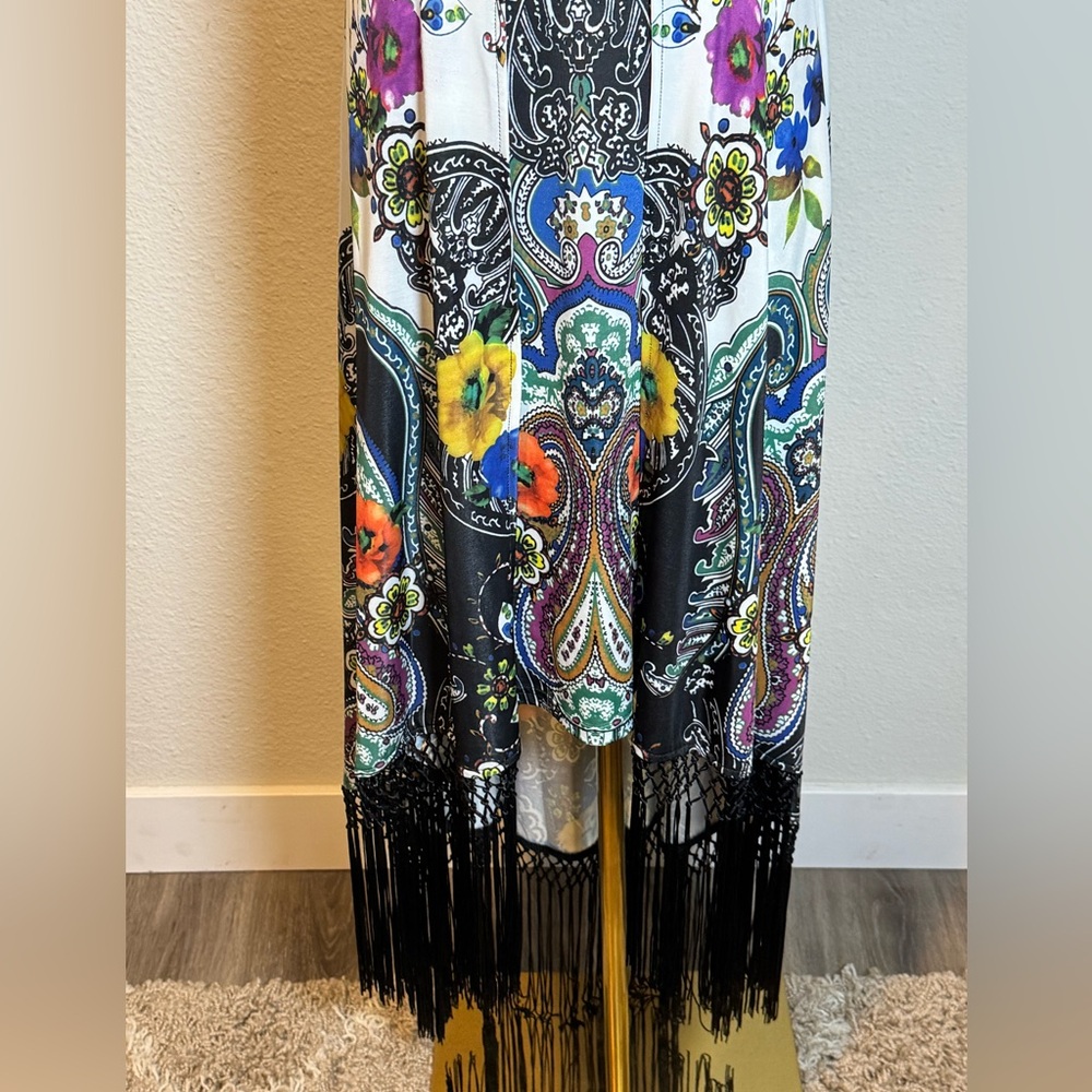 NWT Simon Chang Collection Colorful Paisley Floral Fringed Maxi Dress - Picture 4 of 13